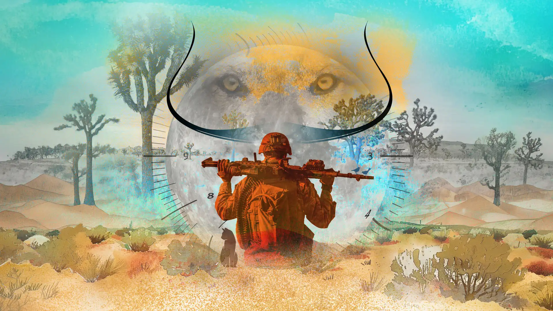 A soldier stands in a rugged desert landscape, holding a rifle with determination. Behind, the ghostly image of a lion with prominent eyes overlays the scene.