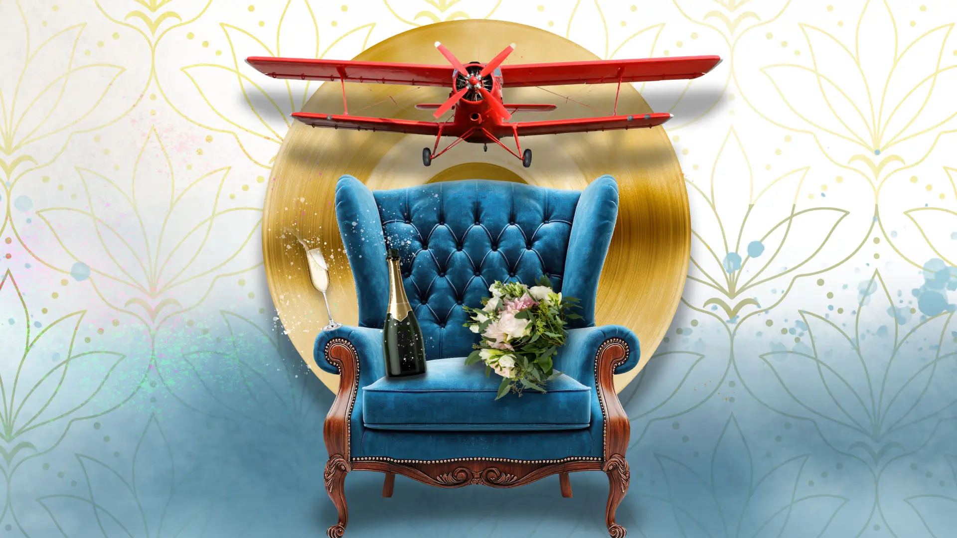 A vibrant composition featuring a vintage red biplane flying above an elegant blue tufted chair, adorned with a bottle of champagne and a bouquet of flowers. The background displays abstract floral patterns with a golden circular motif,