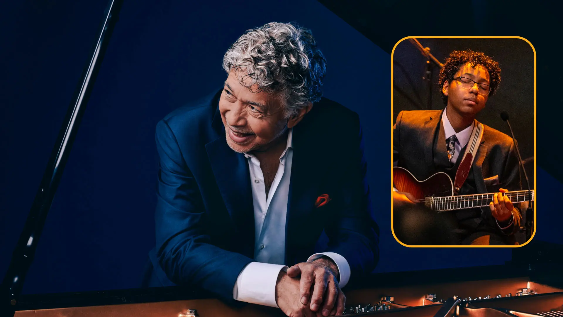 A distinguished pianist smiles as he rests on a grand piano, dressed in a formal suit. Adjacent to him, an inset features a young guitarist in a suit, playing intently. The deep blue background enhances the professional ambiance, illustrating a connection between two generations of musicians.