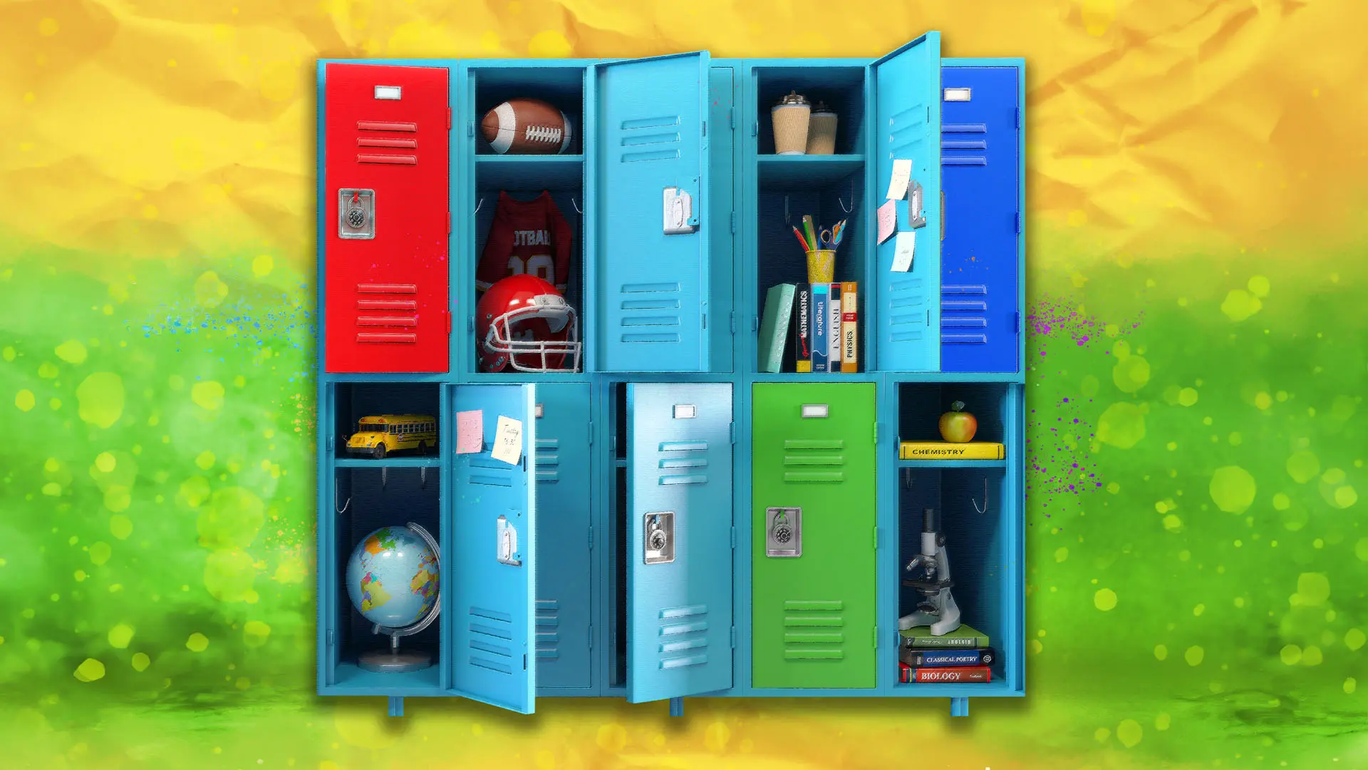 Three brightly colored school lockers in red, blue, and green display an assortment of items emphasizing academics and sports. The open lockers reveal a football, helmet, books, pencils, and a globe