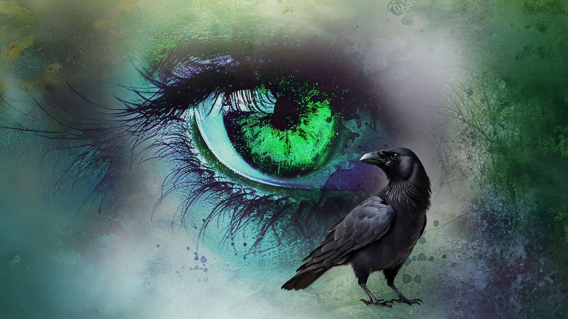 A surreal artwork features a striking green eye surrounded by abstract textures and colors. A raven stands prominently in the foreground, adding an air of mystery and intrigue.