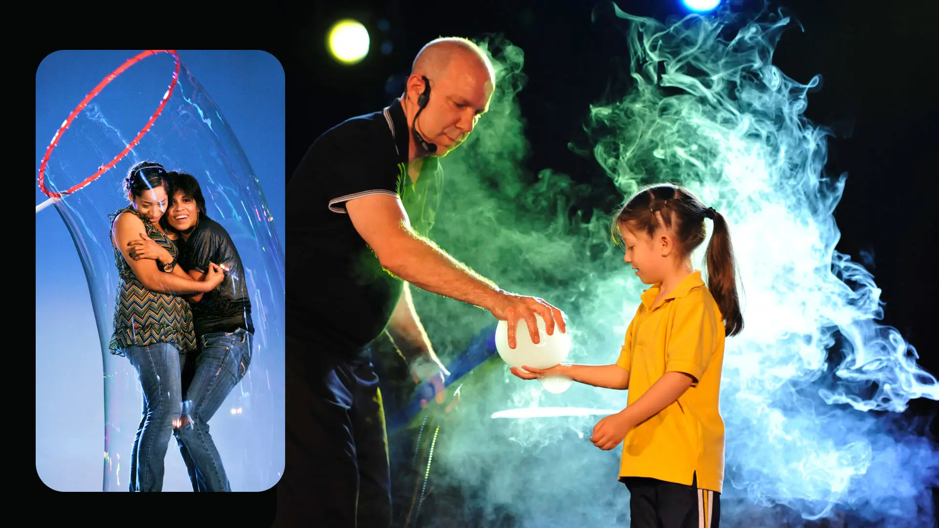 A performer creates large soap bubbles while interacting with children, creating an engaging and magical environment. Smoke and colorful lighting add to the theatrical atmosphere. A framed inset shows a couple embraced within a giant bubble, highlighting the whimsical experience.